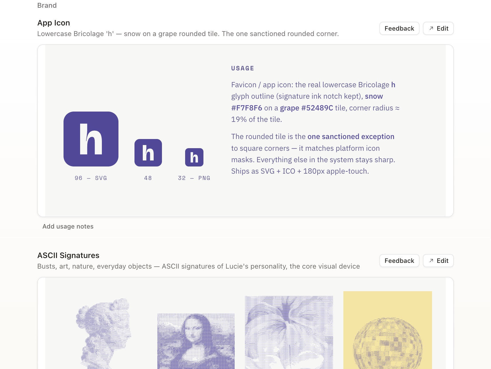 The hijinx design system in Claude Design: the app icon and the ASCII signature library.