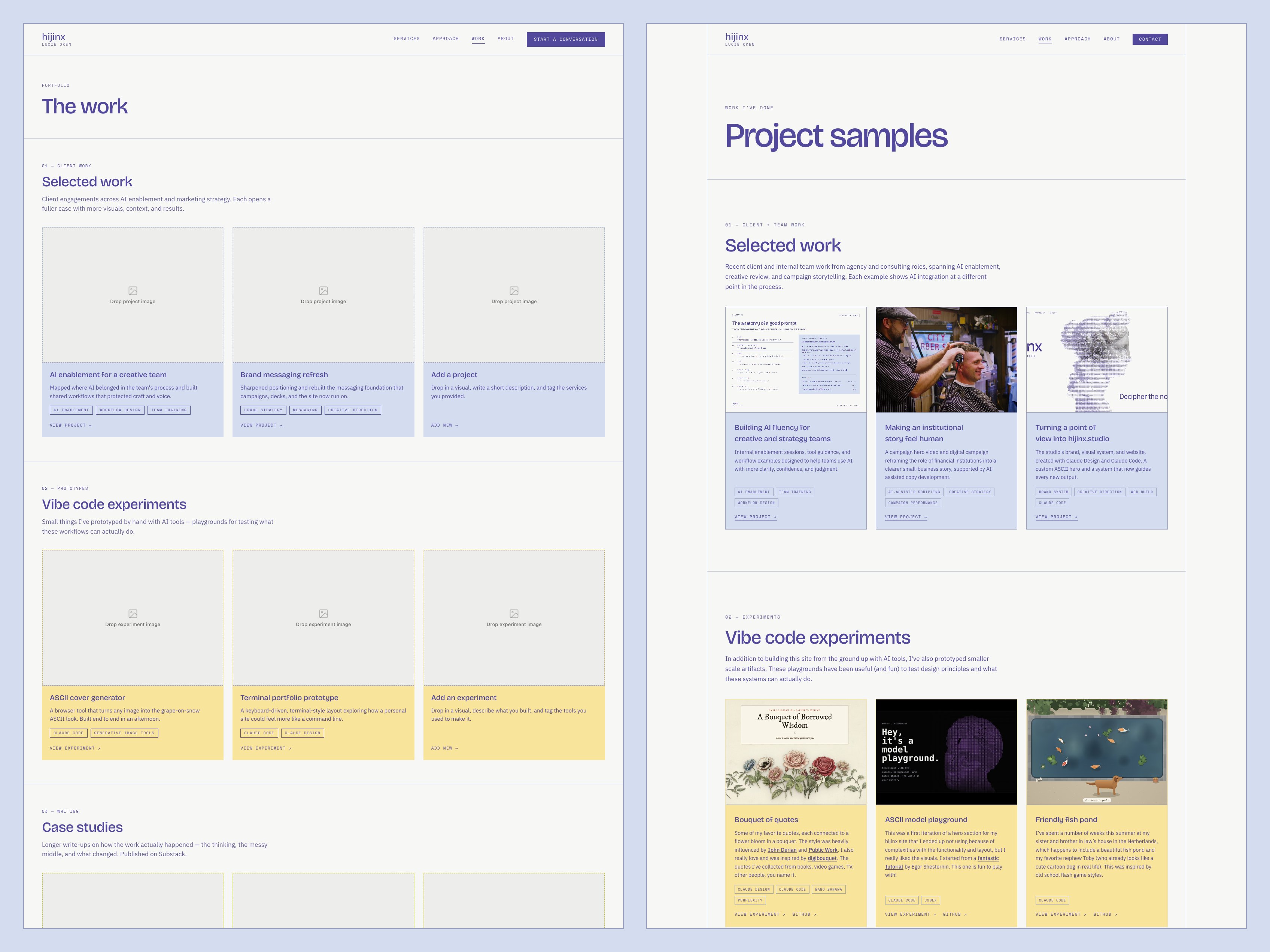 Side by side: the Work page mock from Claude Design with placeholder project cards, and the live Work page.