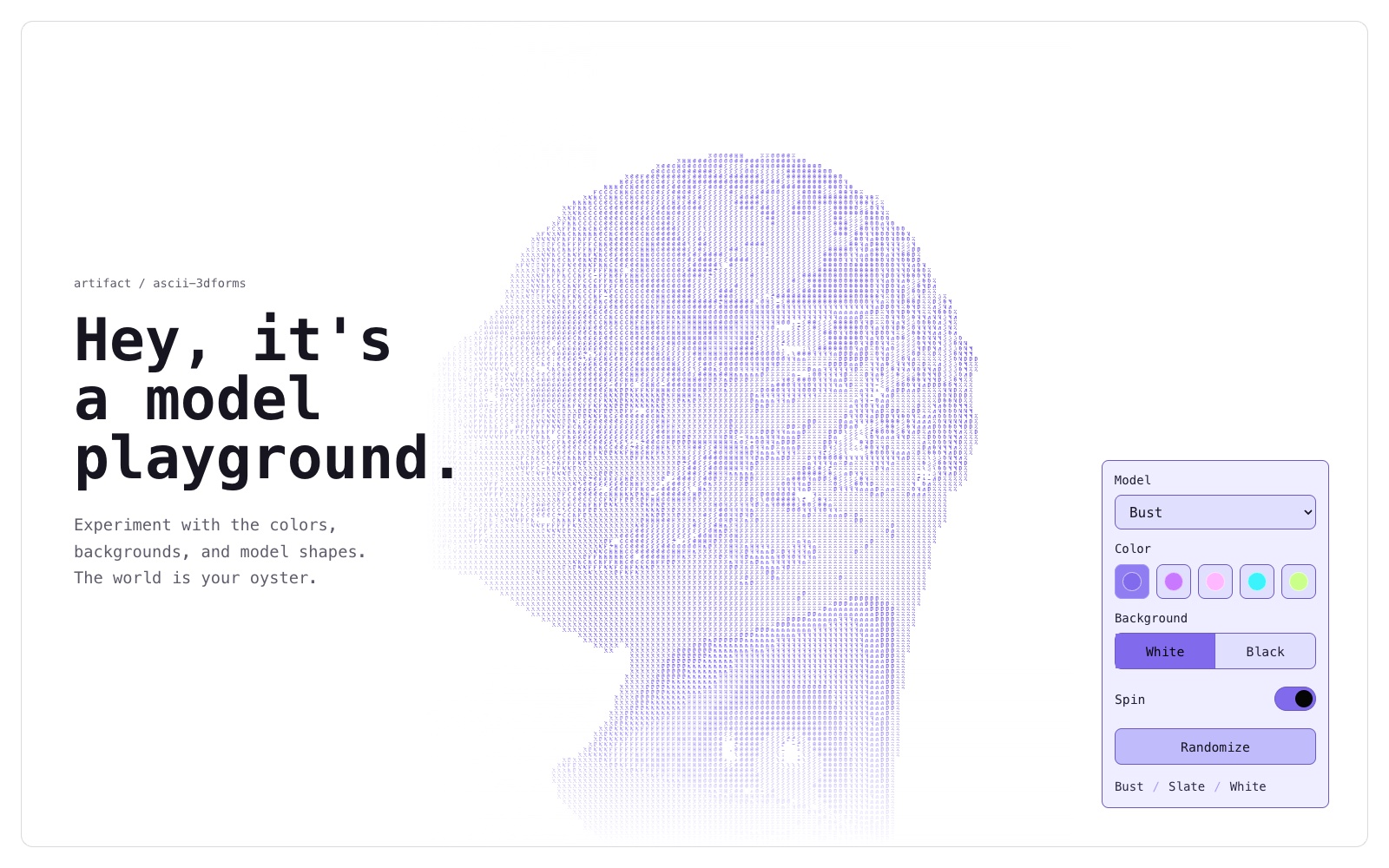The ASCII model playground: a bust rendered in ASCII with controls for model, color, background, and spin.